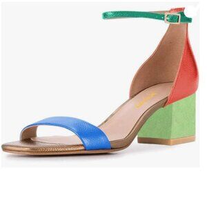 XYD Multicolor Pearl Open Toe Strappy Mid Block Heel Sandal Ankle Strap Shoes